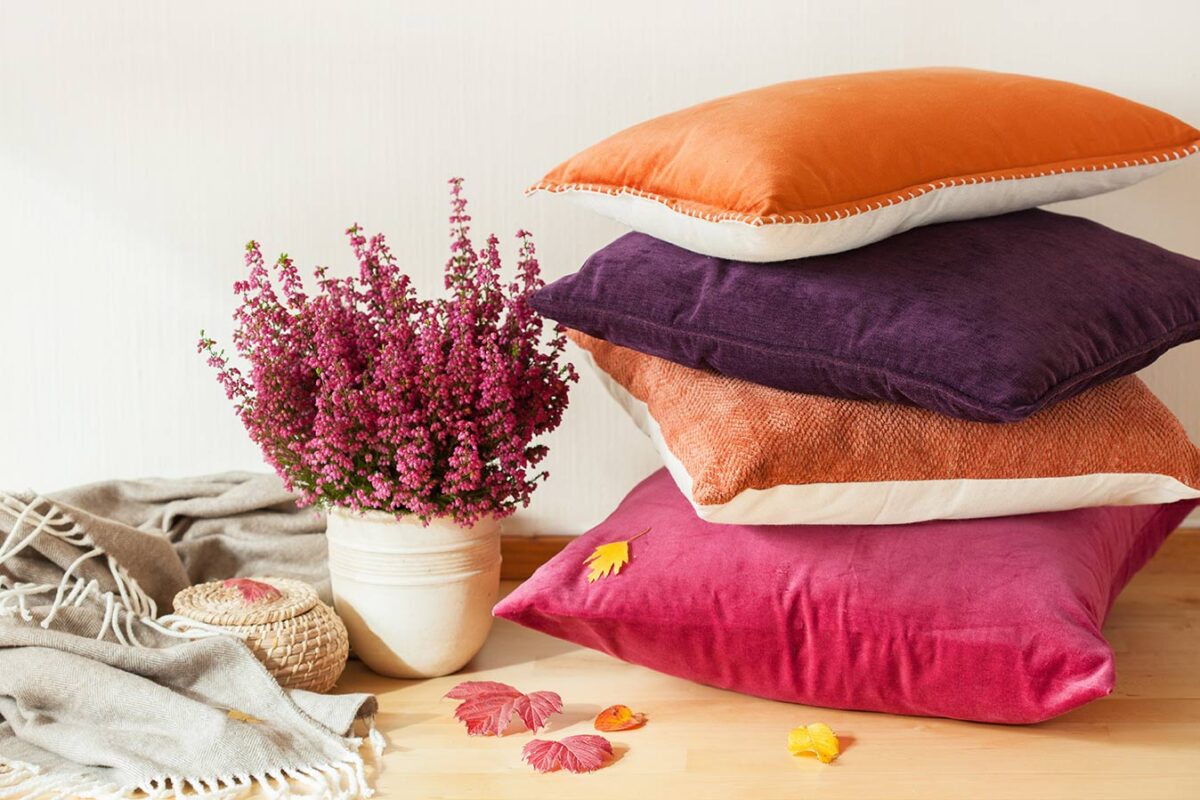 Different fabric and coloured cushions